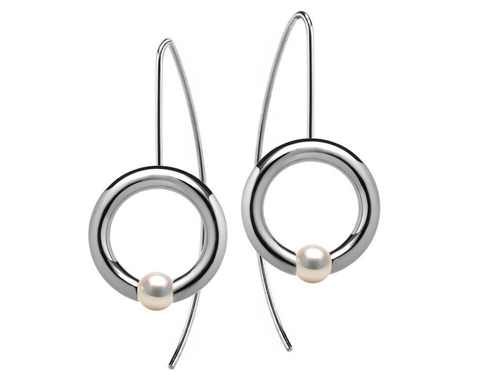 LUNA round tubular drop earrings with tension set white pearls in stainless steel by Taormina Jewelry