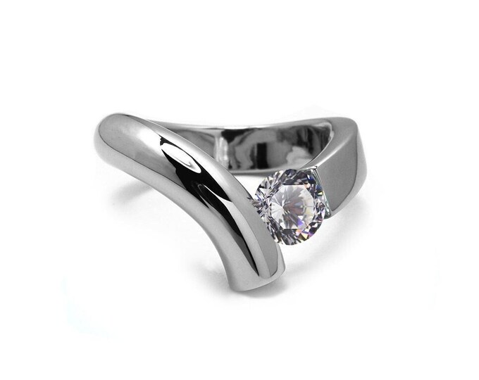 ONDE Flat and tubular bypass ring with tension set white sapphire in stainless steel by Taormina Jewelry