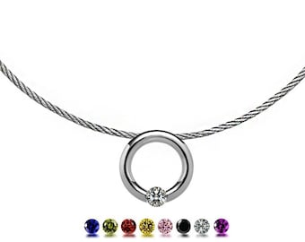 LUNA round tubular pendant with tension set colored sapphires on a cable choker in stainless steel by Taormina Jewelry