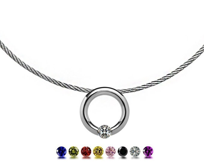 LUNA round tubular pendant with tension set colored sapphires on a cable choker in stainless steel by Taormina Jewelry