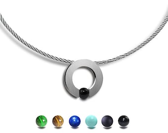 ABBRACCI round flat pendant with tension set semiprecious sphere on a cable choker in stainless steel by Taormina Jewelry