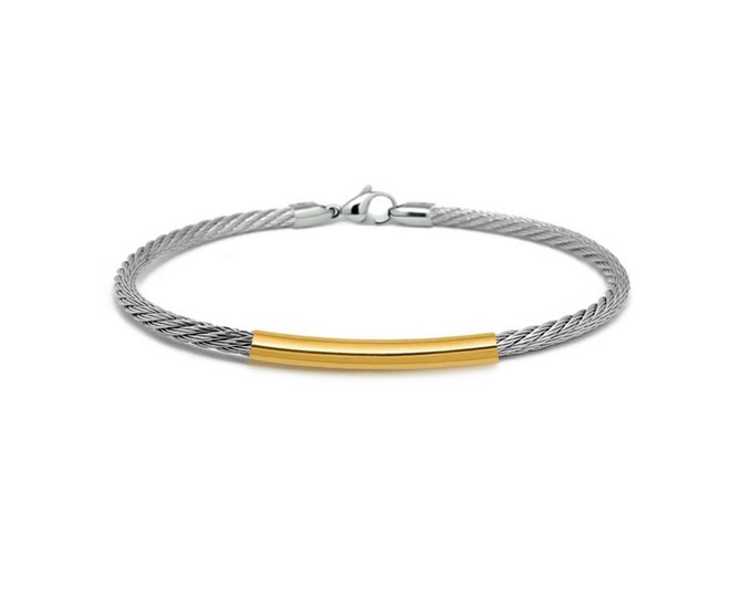 CABLE 2mm thin bracelet with tubular gold element in stainless steel By Taormina Jewelry