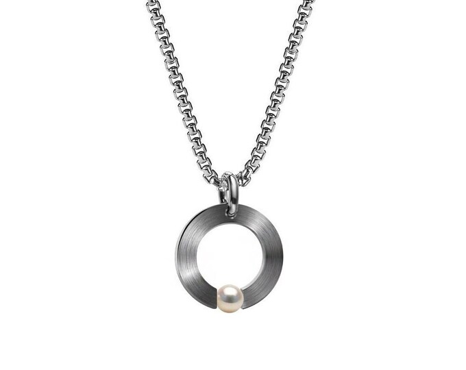 ABBRACCI flat round pendant with tension set white pearl in stainless steel by Taormina Jewelry