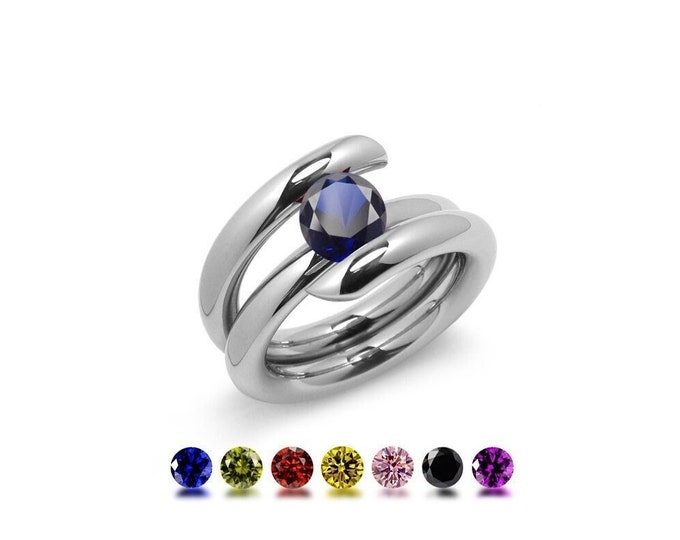 ILIANA High rise tubular bypass ring with tension set colored gemstone in stainless steel by Taormina Jewelry