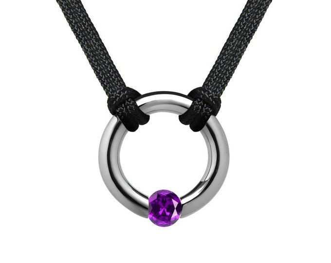 Amethyst Tension Set Round Men's Necklace in Stainless Steel by Taormina Jewelry