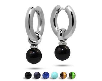 Stainless Steel Dangle Hoop Earrings | Gemstone Sphere Drop | Gocce Huggie Style