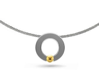 Tension Set Flat O-Ring Necklace | Stainless Steel & Gold Accent | Wire Twisted Rope Choker | Abbracci