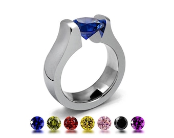 MAREA domed high mounting ring with tension set colored gemstones in stainless steel
