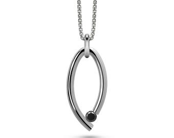 OVUM oval tubular vertical pendant with chain and tension set black diamond in stainless steel