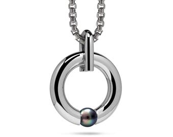 LUNA round tubular pendant with tension set black pearl in stainless steel
