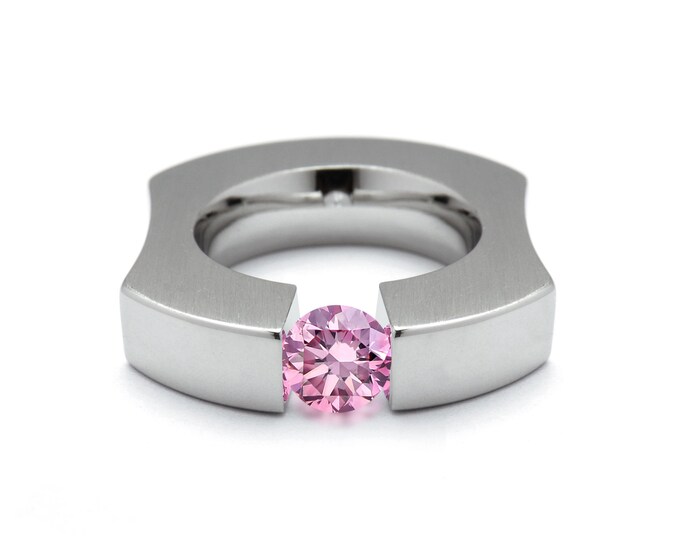 1ct Pink Sapphire Ergonomic Tension Set Ring in Stainless Steel Mounting by Taormina Jewelry