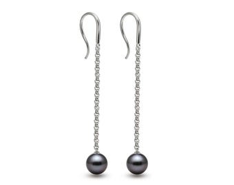 Baroque Black Pearl Drop Earrings | Custom Length Available | Steel Dainty Chain Design