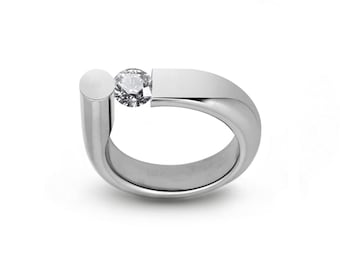 Tension Set White Sapphire Ring | Flat‑Top Tubular Off‑Center Stainless Steel | Portante Design