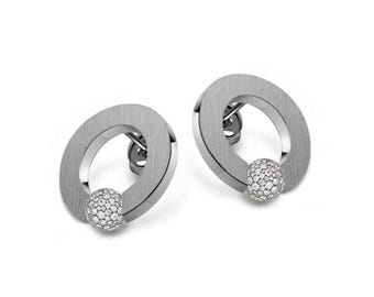 ABBRACCI tension set round flat stud earrings with tension set Pavé White Sapphire Station in stainless steel