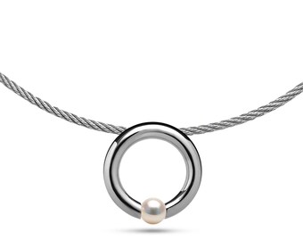 LUNA round tubular pendant with tension set White Pearl on a cable choker in stainless steel