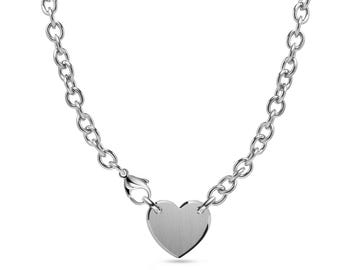 Heart tag on oval link chain necklace with side clasp in stainless steel