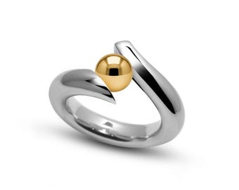 Tension Set Ring | Swirl Stainless Steel Bypass & Gold Sphere Accent | Sinuoso Design