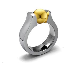 MAREA Domed high mounting ring with tension set Gold sphere in stainless steel