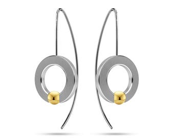Tension Set O-Ring Dangle Earrings | Flat Brushed Stainless Steel & Gold Accent Sphere | Abbracci