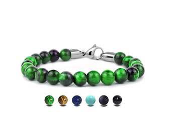 SPIRITUAL 8mm green Tiger's Eye beads bracelet in stainless steel
