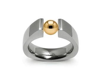 Tension Set Ring | Triangular High-Set Stainless Steel & Gold Sphere Accent | Pyramid Design