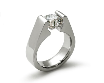 Tension Set White Sapphire Ring | High-Set Stainless Steel Engagement | Amore Design