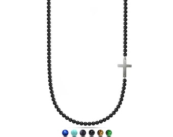 4mm Cross Station Beaded Necklace | Premium Gemstone Beads | Luxury Stainless Steel Design