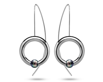 LUNA drop tubular circle earrings with tension set Black Pearl in stainless steel
