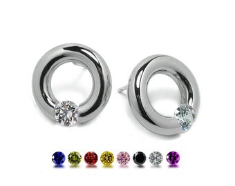LUNA stud tubular circle earrings with tension set round white Sapphire in stainless steel