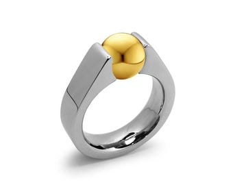 AMORE High rise ring with tension set Gold sphere in stainless steel by Taormina Jewelry
