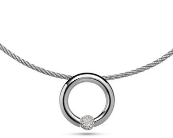 O-Ring Tension Set White Sapphire Station Pendant | Stainless Steel Cable Wire Necklace | Luna Modern Collier Style