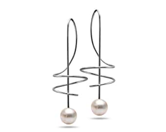 White Baroque Pearl Drop Earrings | Musical Key Stainless Steel Wire | Filo Design