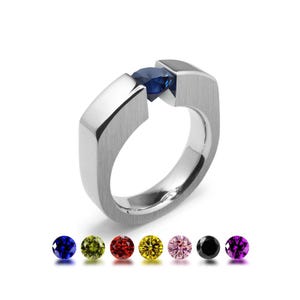 Tension Set Colored Gemstone Ring | Two-Tone Stainless Steel | Flat Brushed/Polished Tempio Design by Taormina