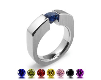 Tension Set Gemstone Ring | Two-Tone Stainless Steel Flat | Brushed & Polished Tempio Design