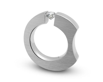 CELESTIAL tapered flat ergonomic ring with tension set white sapphire in stainless steel