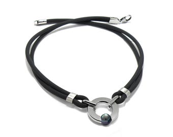 Double tubular black rubber necklace with stainless steel round center pendant & Black Pearl