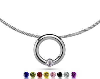 O-Ring Tension Set Gemstone Pendant | Stainless Steel Cable Wire Necklace | Luna Modern Collier Style