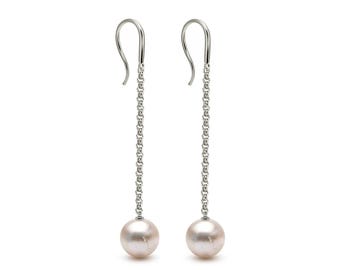 Baroque White Pearl Dangle Earrings | Stainless Steel Rolo Chain | Custom Length Available