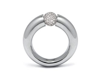 LUNA tapered rounded ring with tension set Pavé White Sapphire Station in stainless steel