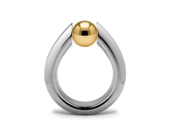 Tension Set Ring | Stainless Steel & Gold Accent Sphere | Luna Tapered Tubular High-Set Design