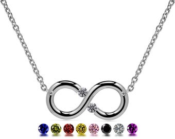 INFINITY horizontal necklace with tension set gemstone in stainless steel