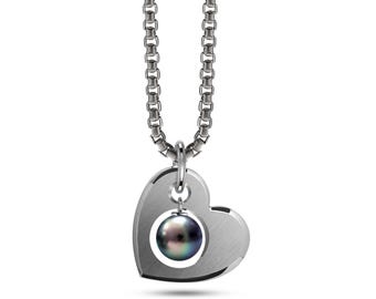 CUORE Black Pearl Open Heart Pendant | Two-Tone Brushed Steel | Modern Dangle Charm Necklace