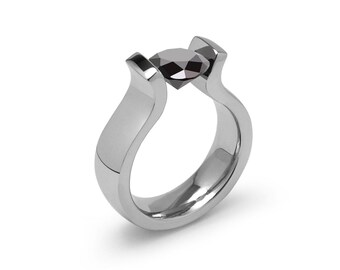 LYRE shaped ring with tension set Black Diamond in stainless steel