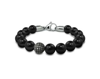 SPIRITUAL black onyx beads bracelet with Pavé White Sapphire Station in stainless steel, 12mm