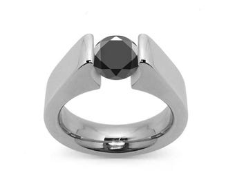 AMORE High mounting ring with tension set black diamond in stainless steel