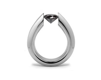 ALBA tubular tapered high setting ring with tension set black diamond in stainless steel