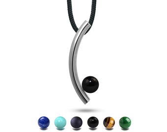 Architectural Stainless Steel Tubular Necklace | Suspended Natural Gemstone Sphere | Contemporary Minimalist | Curve