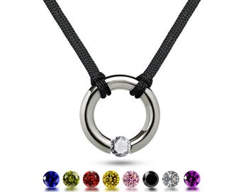 LUNA Ring Necklace | Tension Set Gemstone | Stainless Steel and Cord Design