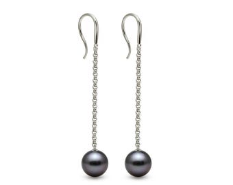 Baroque Black Pearl Dangle Earrings | Stainless Steel Rolo Chain | Custom Length Available