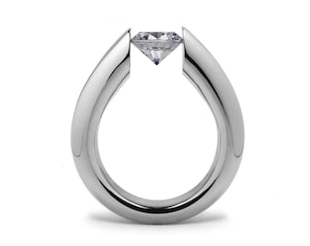 Tension Set White Sapphire Ring | High-Set Minimalist Stainless Steel Architectural Ring | Alba Design